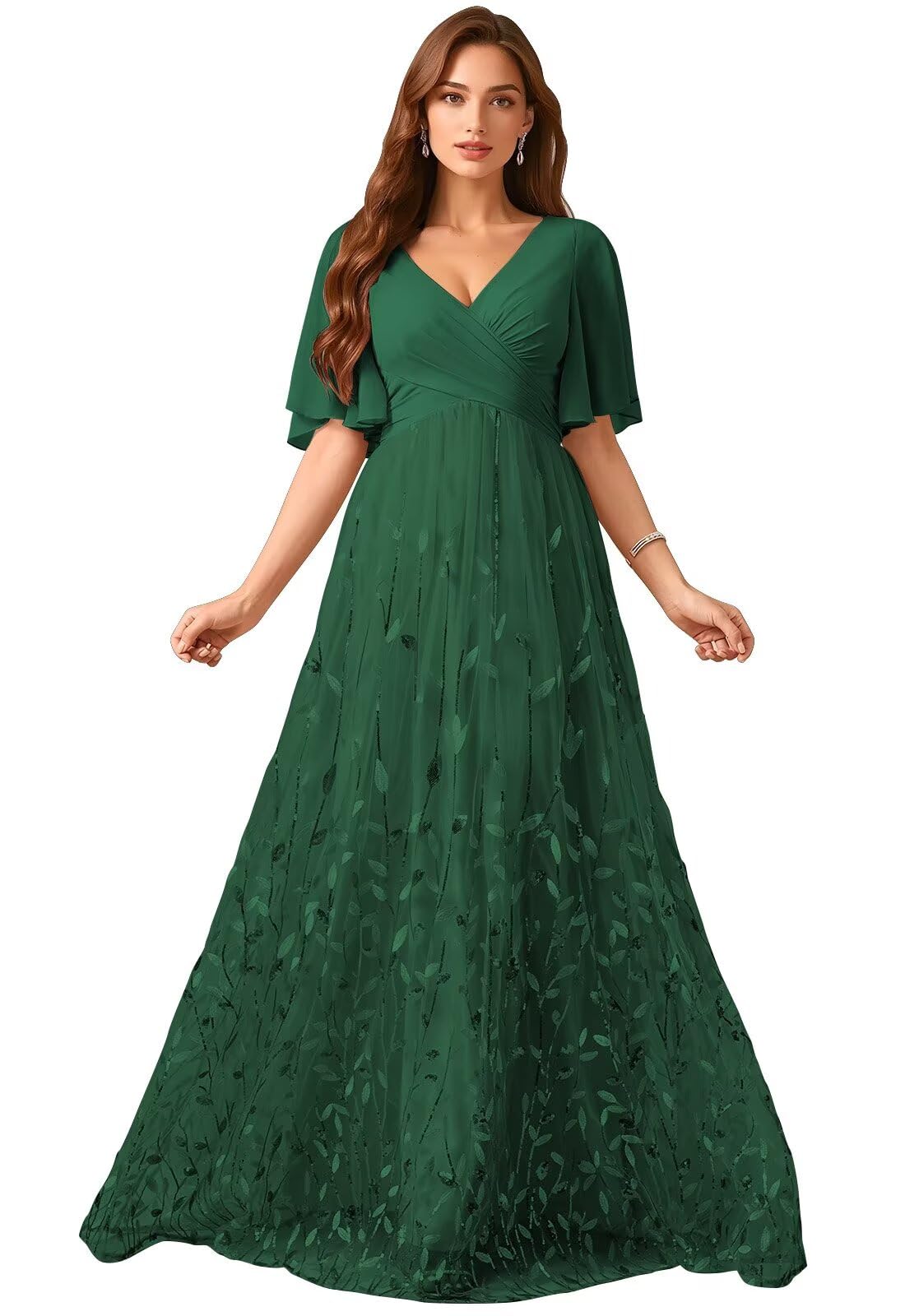 VDUSTVROSEY Mother of The Bride Dresses for Women Leaf Sequin Formal Dress Short Sleeves Chiffon Tulle Evening Gown 2026