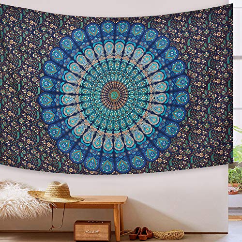 Anjaniya Indian Hippie Bohemian Psychedelic Wall Hanging Bohemian Psychedelic Peacock Tapestry, Psychedelic Hippie Mandala Dorm Décor For Hanging, Bedding, Beach Coverlet Curtain (Blue Green, 30"X40") #TOP2