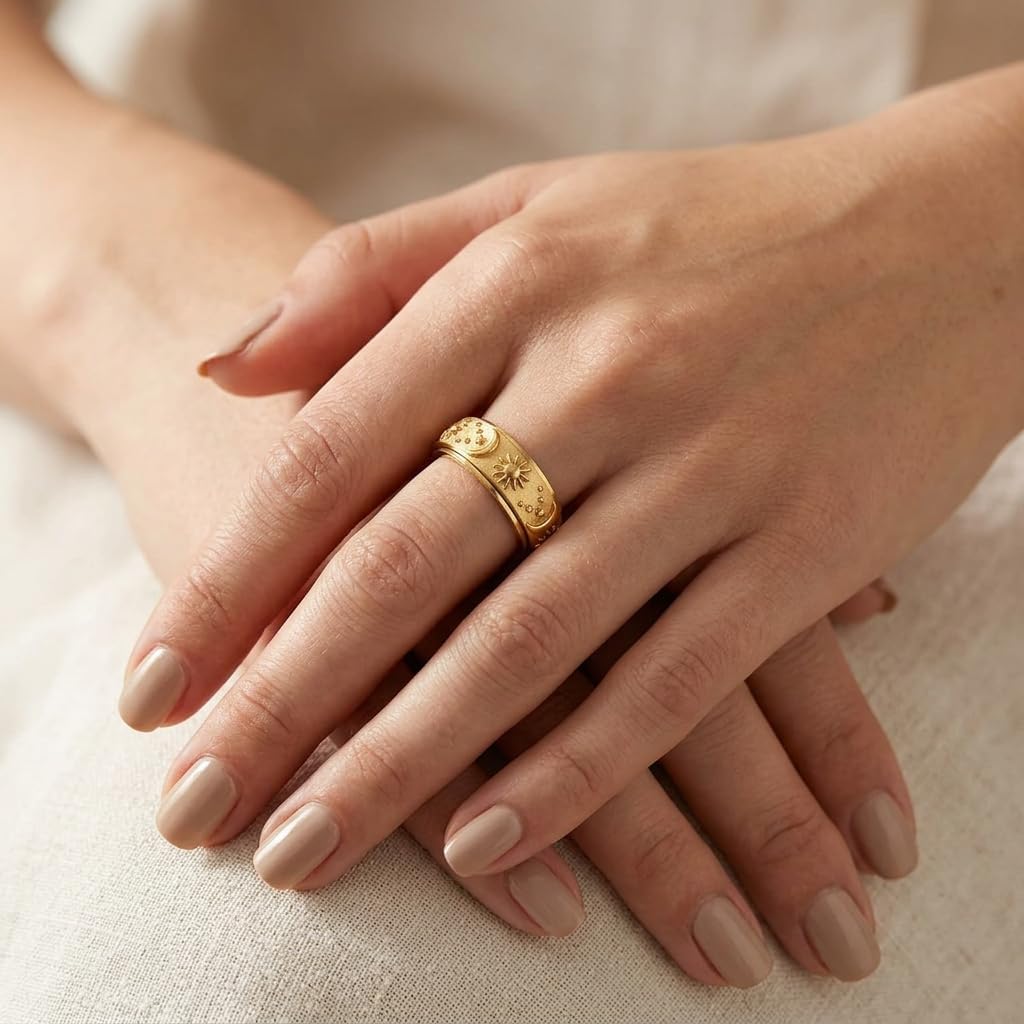 Sun Moon Star Spinner Ring for Women - Gold Plated Stainless Steel Fidget Anxiety Ring, 8mm Celestial Meditation Band Jewelry