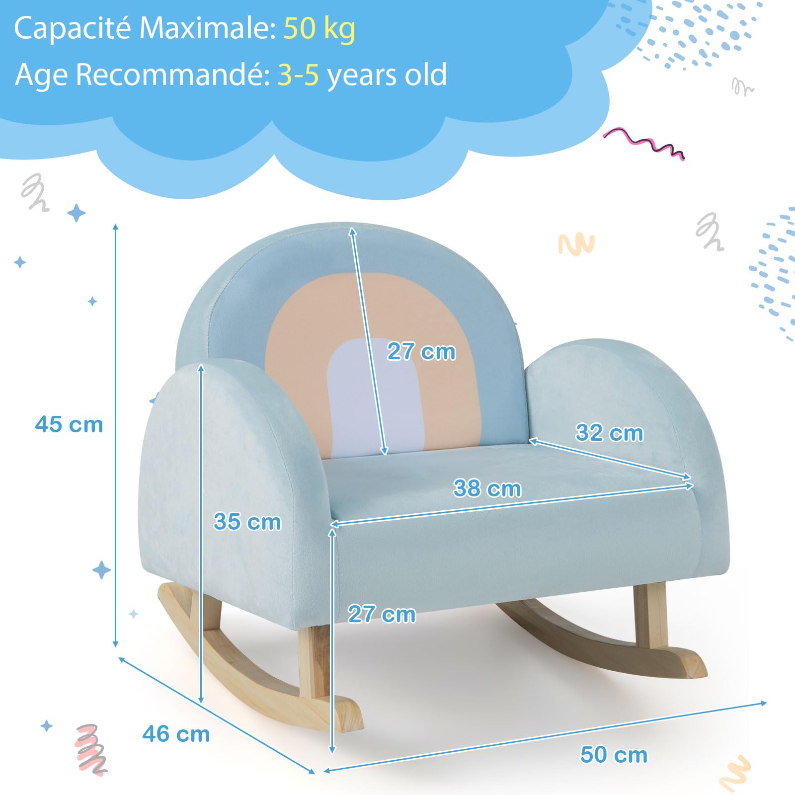 GOPLUS Fauteuil à Bascule Enfant 3-5 Ans, Canapé Enfant avec Cadre en Bois Massif et Revêtement en Velours, Design Anti-Basculement, Chaise à Bascule pour Chambre d'enfant, Salle de Jeux, Bleu