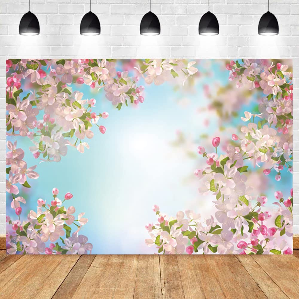 Renaiss 7x5ft Pink Floral Backdrop Romantic Cherry Blossom Blue Sky Sunshine Nature Scenery Polyester Photography Background for Wedding Kids Baby Birthday Party Decor Photo Props
