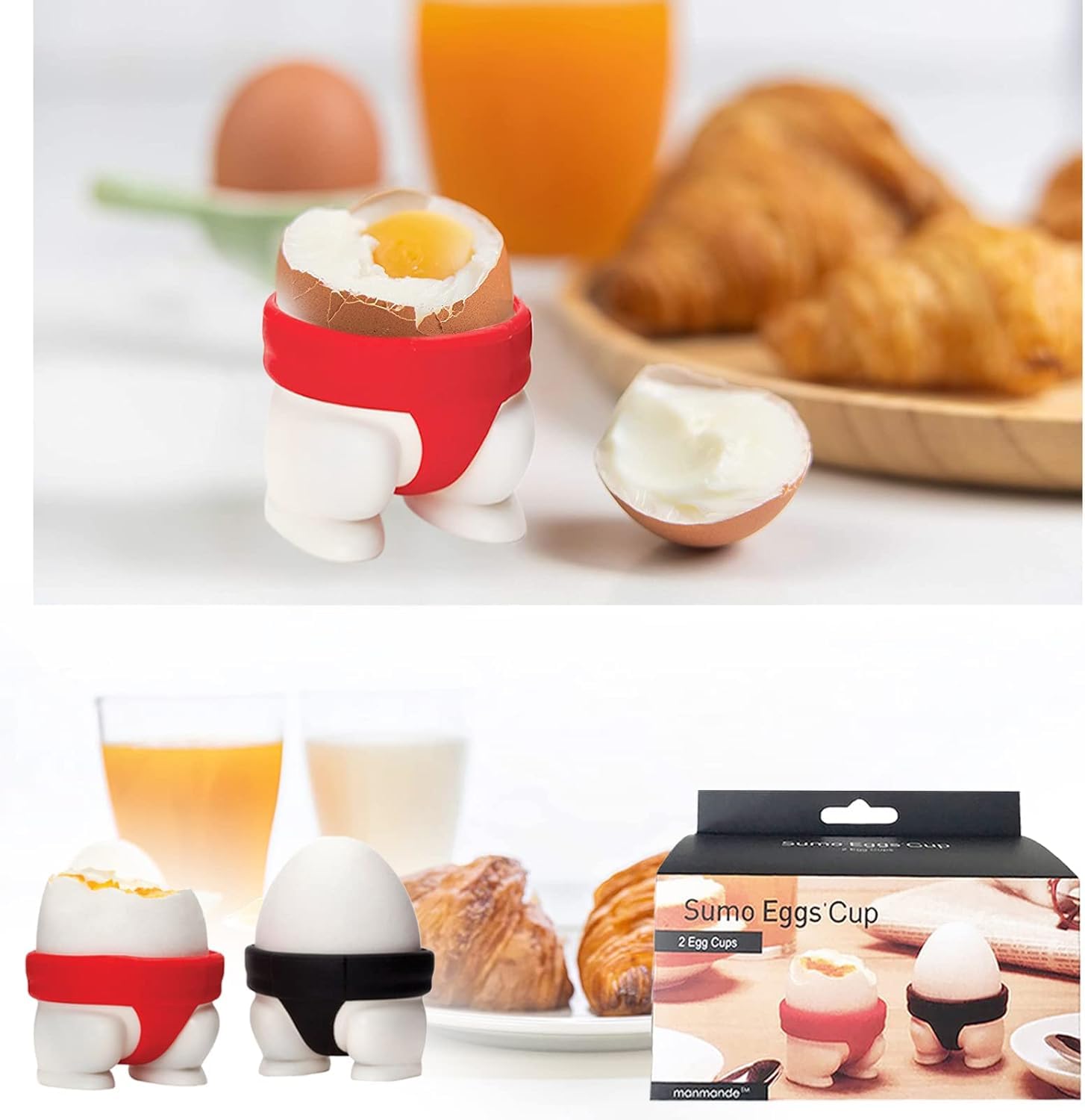 Hooipo Sumo Egg Cup Holders for Soft or Hard Boiled Eggs Durable & Stylish Breakfast Tableware Set of 2 – (Red & Black) 2