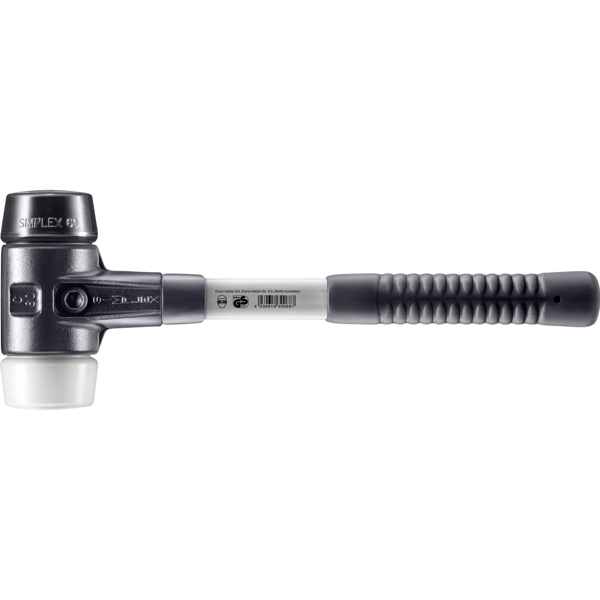 SIMPLEX-Schonhammer, Gummikomposition/Superplastik; mit verstärktem Tempergussgehäuse und Fiberglasstiel | D=60 mm | 3727.060