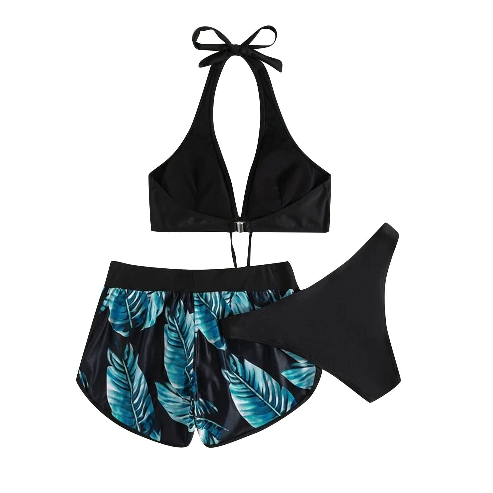 Bikini damski zestaw damski tropikalny nadruk trzyczęściowy strój kąpielowy z szortami kąpielowymi Split Push Up, złoty, XL
