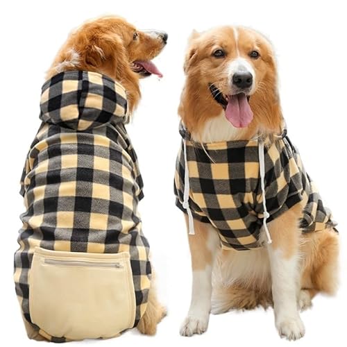 フリースドッグパーカー - ポケット付き 大中小型犬猫用 温かい冬服 リード穴付き(Yellow B,L(4-5.5kg))