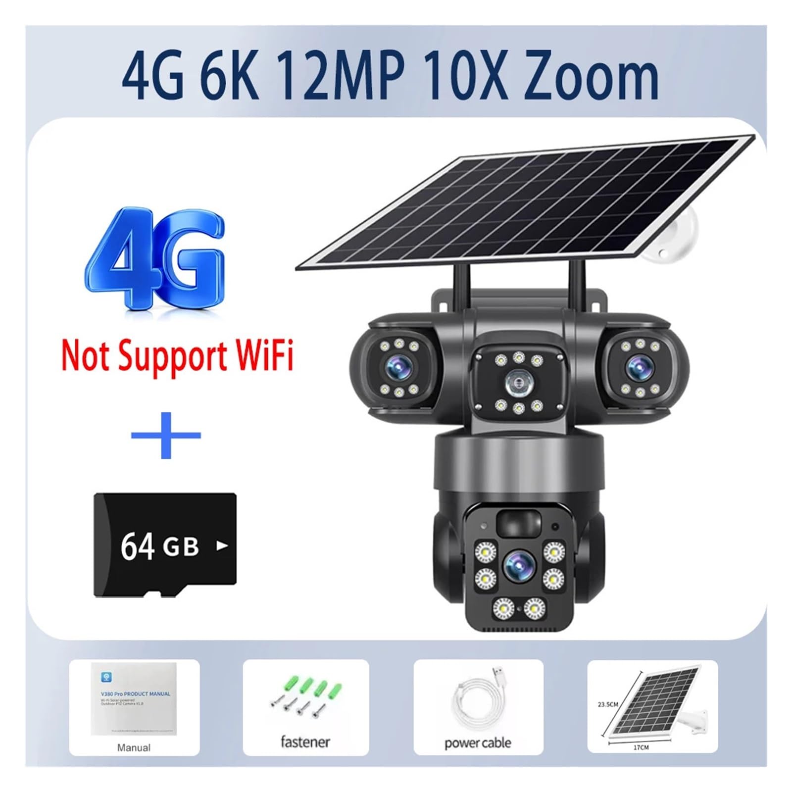 Cámara Solar de 15 MP, 3 Lentes, 3 Pantallas, WiFi o SIM 4G, vigilancia Exterior, CCTV, PTZ, IP66, Seguridad, Panel Solar, V380(12MP 4G CAM 64G)