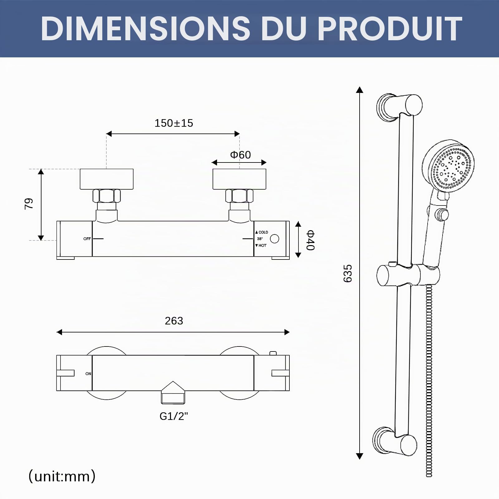 Mitigeur Thermostatique Douche Laiton, Ensemble Douche Barre 635mm, 5 Jets | Corps en Laiton, Barre Inox 304, Sécurité 38°C Anti-Brûlure, Douchette Réglable en Hauteur, Flexible 1.5m,Raccord G1/2,Chromé