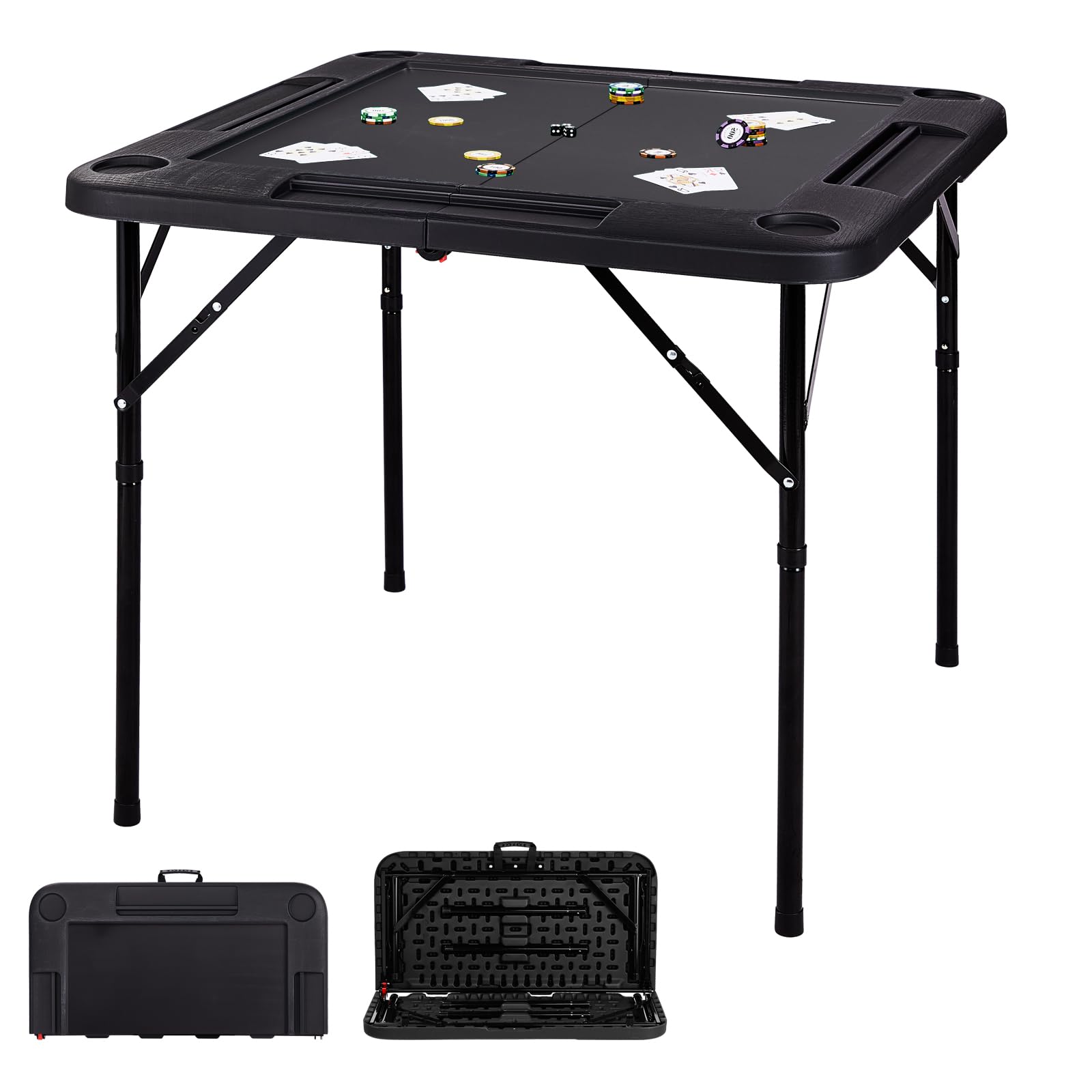 LALAHO 34-Inch Folding Mahjong Table, Portable Card Table with Cup Holders & Tile Slots, Easy-Clean Surface for Home or Game Nights, 86 x 86 x 74 cm (Black)