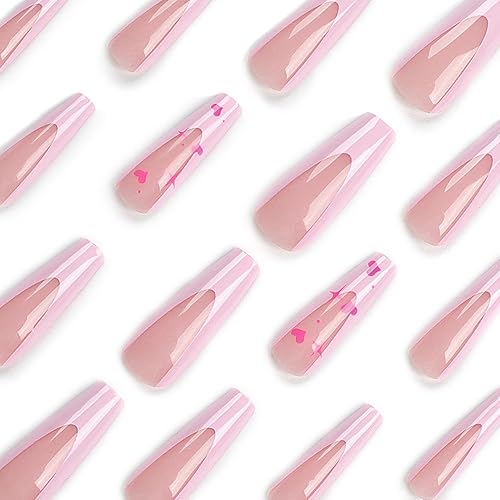Miniatura 2 de Uñas postizas a presión para el día de San Valentín, uñas postizas de punta francesa, color rosa, cobertura completa, con diseños de corazón, uñas