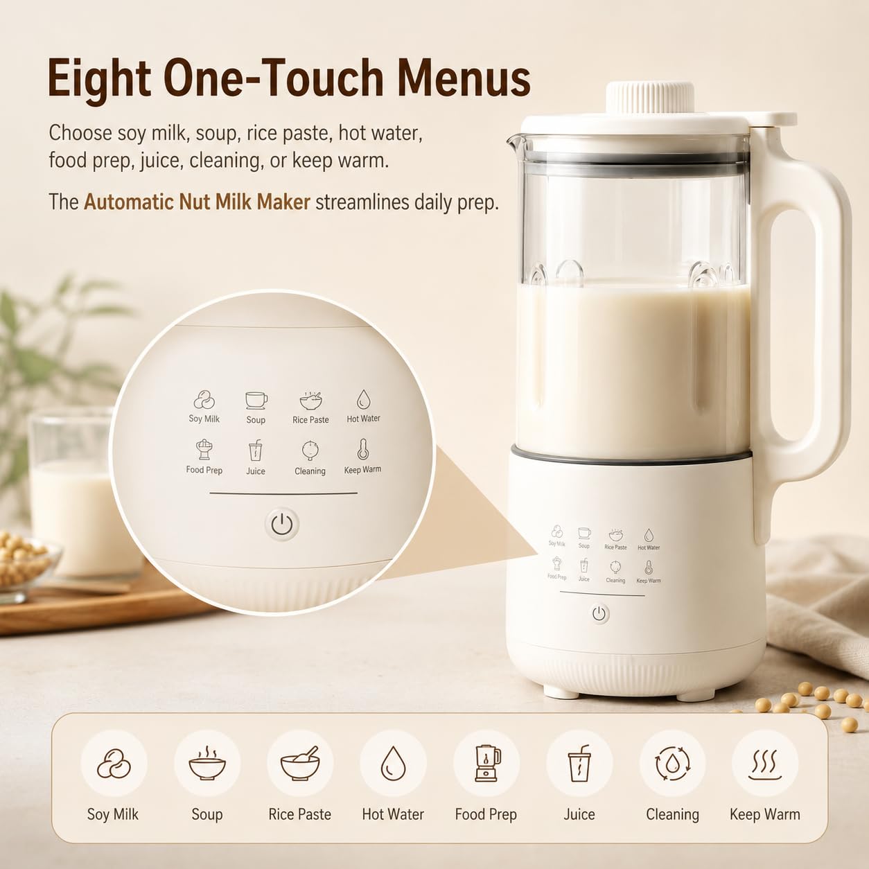 Machine lait noix, 21 000 tr/min, chaleur 800 W, 8 menus intelligents