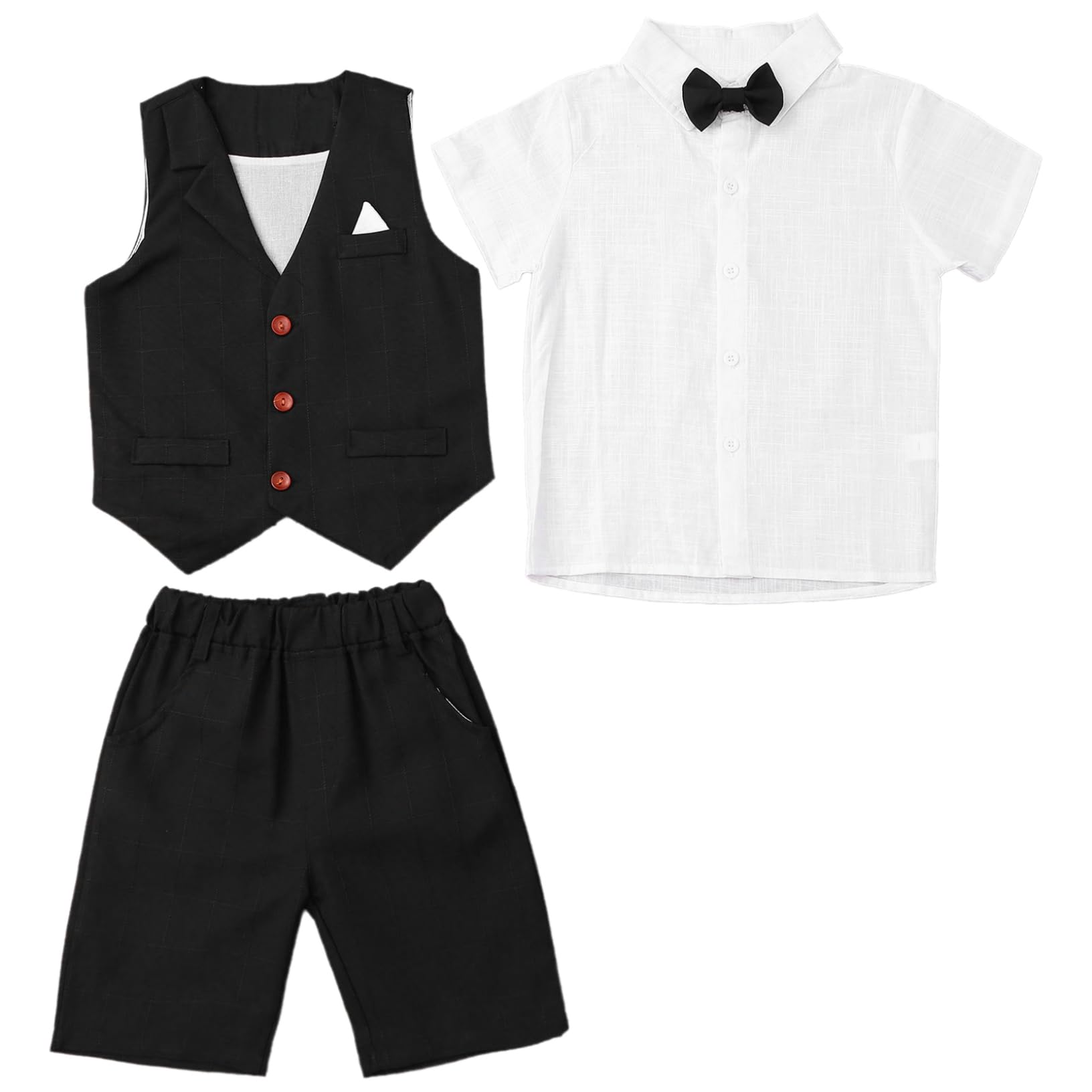 YEAHDOR Baby Boys Gentleman 3Pcs Formal Tuxedo Suit Short Sleeve Vest Shirt + Shorts + Bow Tie Black B 2-3 Years