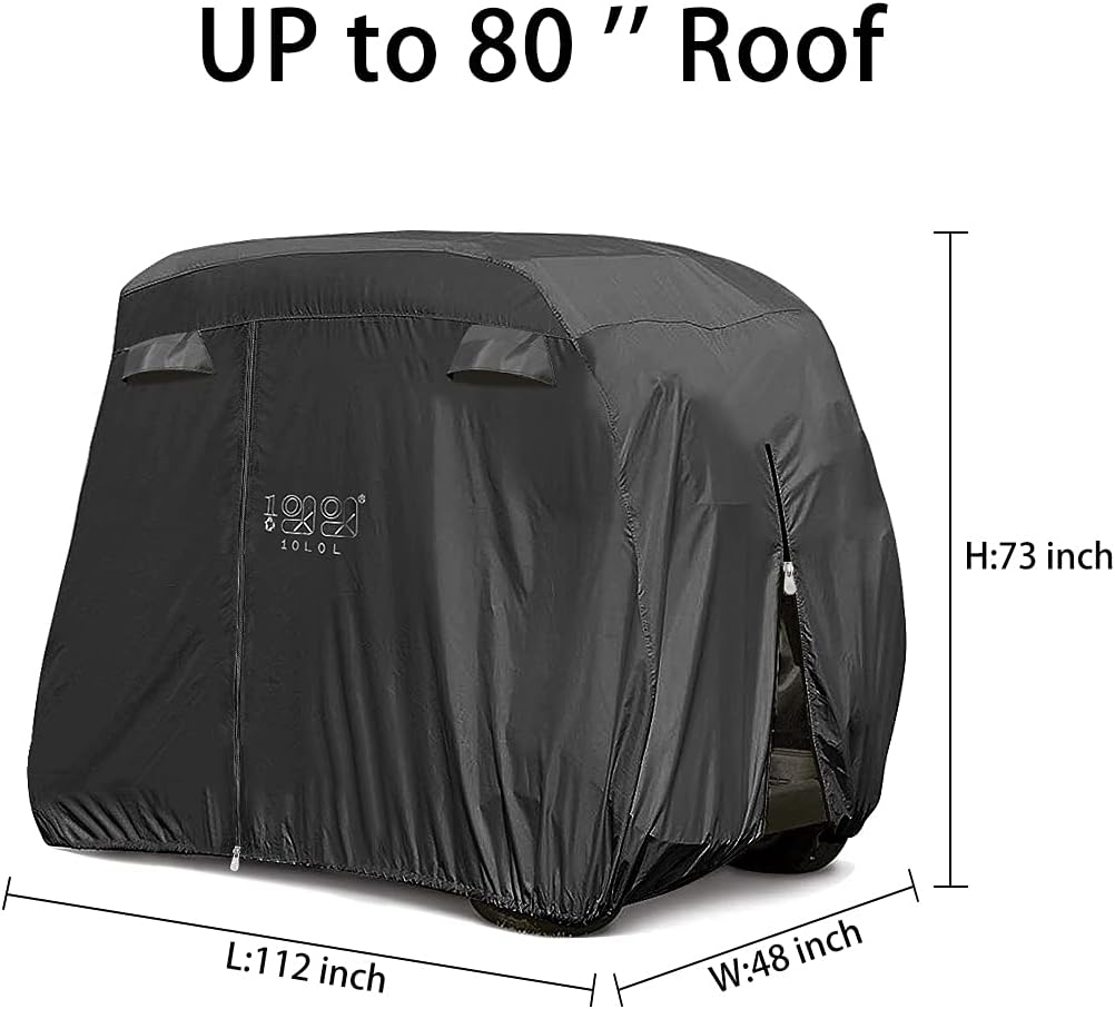 10L0L 500D Waterproof Golf Cart Cover Universal Fits for Club Car, E-Z GO, Yamaha and Most Brand 4 Passenger All-Weather Polyester Full Cover with Three Zipper Doors