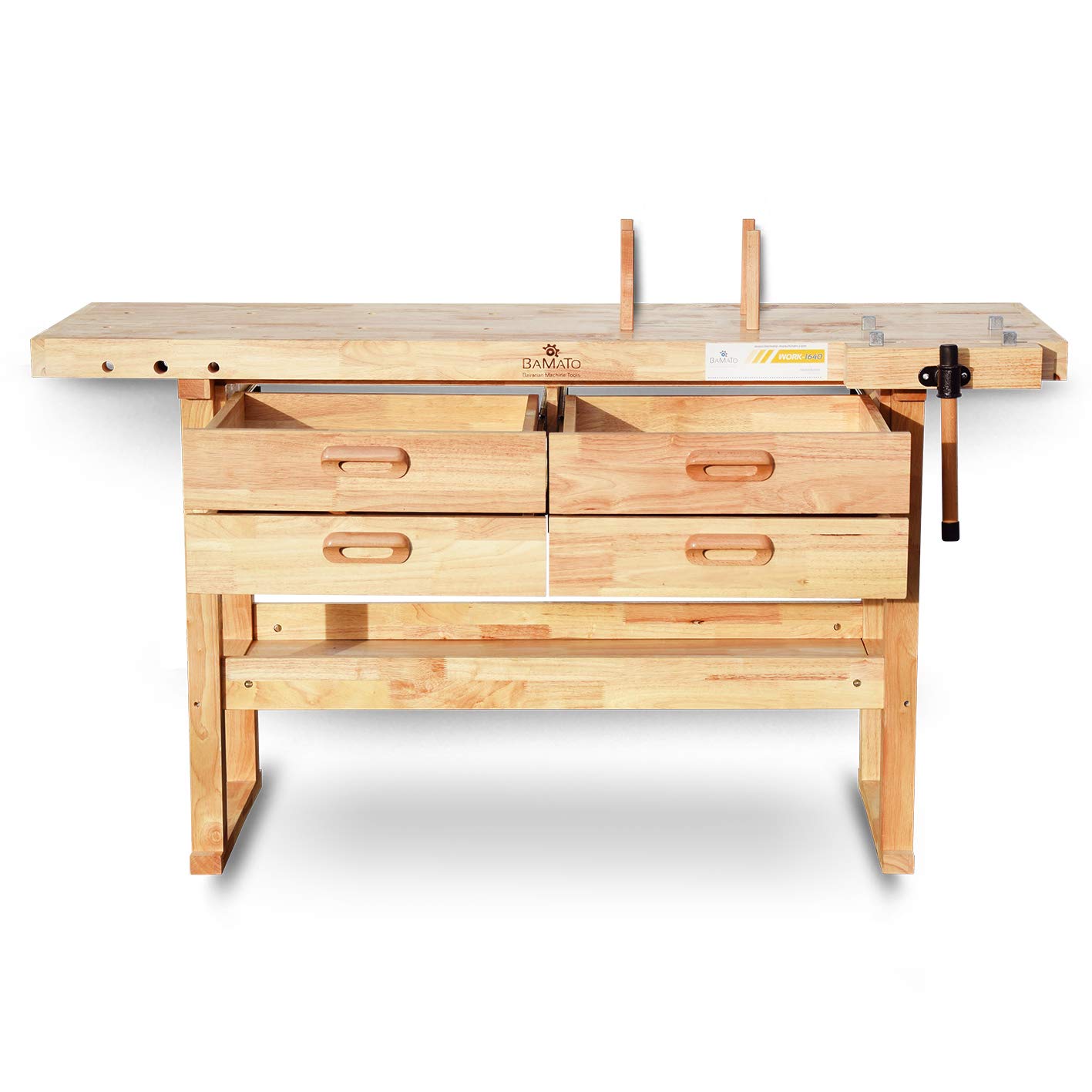 BAMATO Hobelbank WORK-1640 Werkbank Massivholz Holzhobelbank mit Schubladen | Massivholz Hobelbank mit 1520x500mm Arbeitsplatte | Inkl. 4 große Schubladen, 8 Bankhaken & 6-fach verstellbarer Spannzange