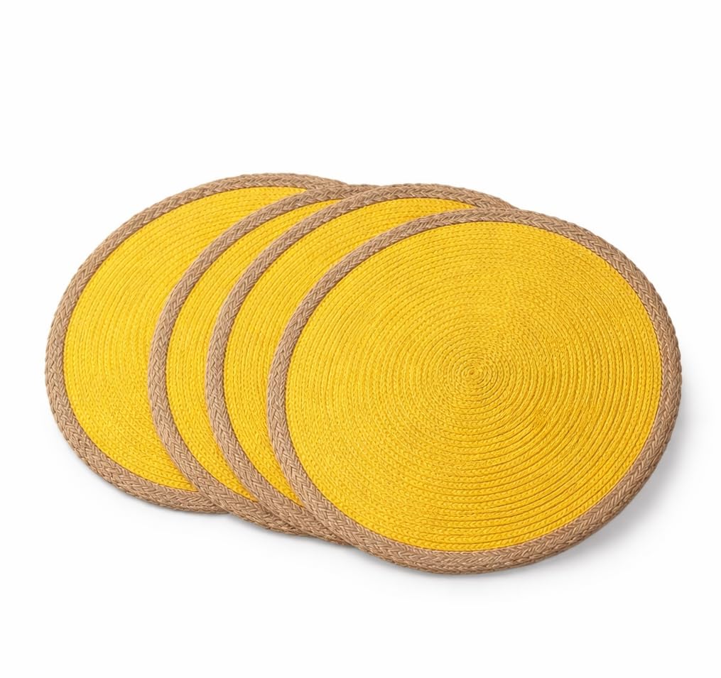 Zollyss Round Polypropylene Braided Fiber Placemat with Jute-Style Border for Dining Table, Heat Resistant, Waterproof, Yellow, 15 x 15 Inches, Set of 4-image-20