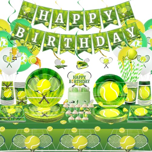 Obussgar Décorations de fête d'anniversaire au tennis – Accessoires de fête au tennis comprenant bannières, assiettes, décorations de gâteau, gobelets, serviettes, ballons, nappes – pour 20 personnes
