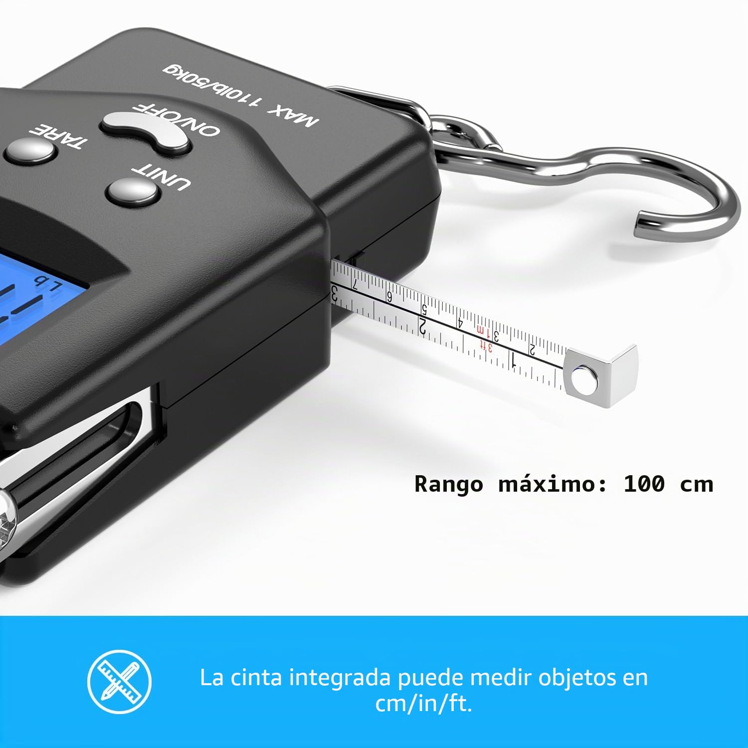 Bascula pesca, Dr.meter pesa maletas, bascula maletas, Electrónico Digital con Pantalla LCD Retroiluminado 110 Libras / 50kg con Cinta Métrica, 2 Pilas AAA Incluidas