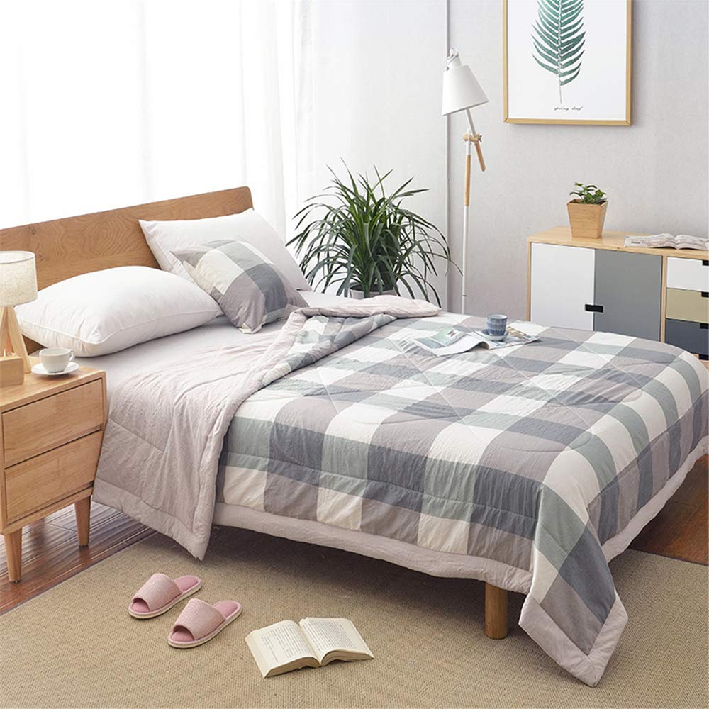 Chickwin Plaid Quilted Bedspread Single Double King Size, Gingham Coverlets Lightweight Microfiber Comforter Easy Care Sofa Blanket Throw for All Season (200x230cm,Green gray)