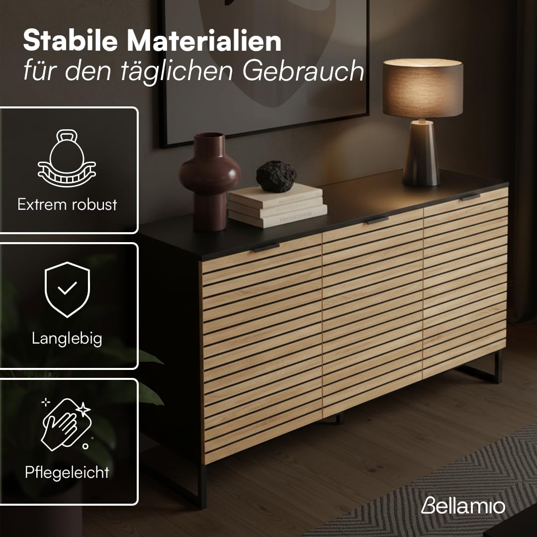 Bellamio Luvua Kommode mit 6 Fächern – Sideboard in schwarz mit Eichen-Front – Lowboard mit 3 Türen – Aufbewahrungskommode für Wohnzimmer, Schlafzimmer, Flur – Holz Schrank 80 x 40 x 135 cm (HxTxB)