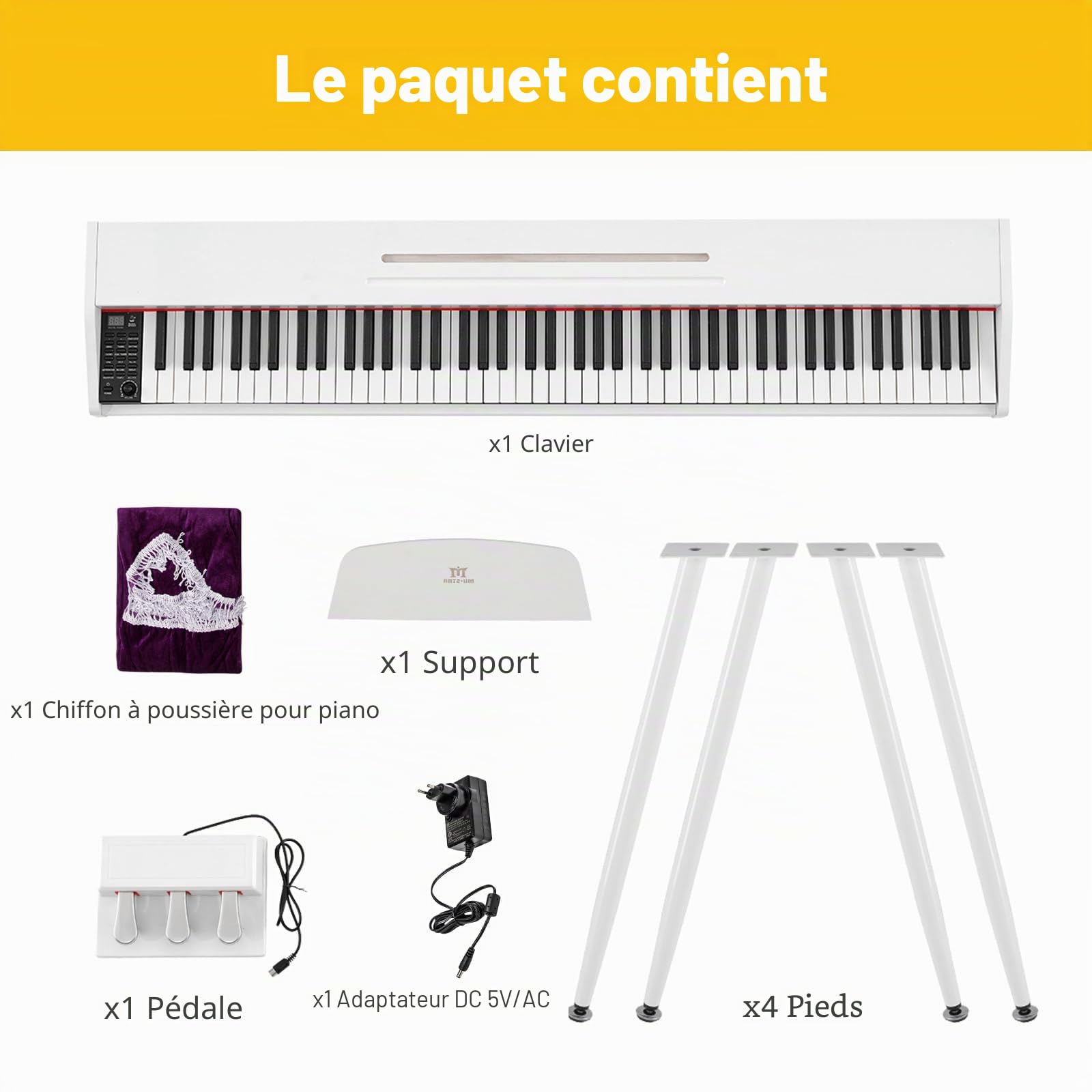 MUSTAR Piano numérique 88 touches pour débutants, clavier piano taille complète avec 3 unités de pédale, piano électrique portable, piano numérique pour la maison avec MIDI-USB et support, blanc