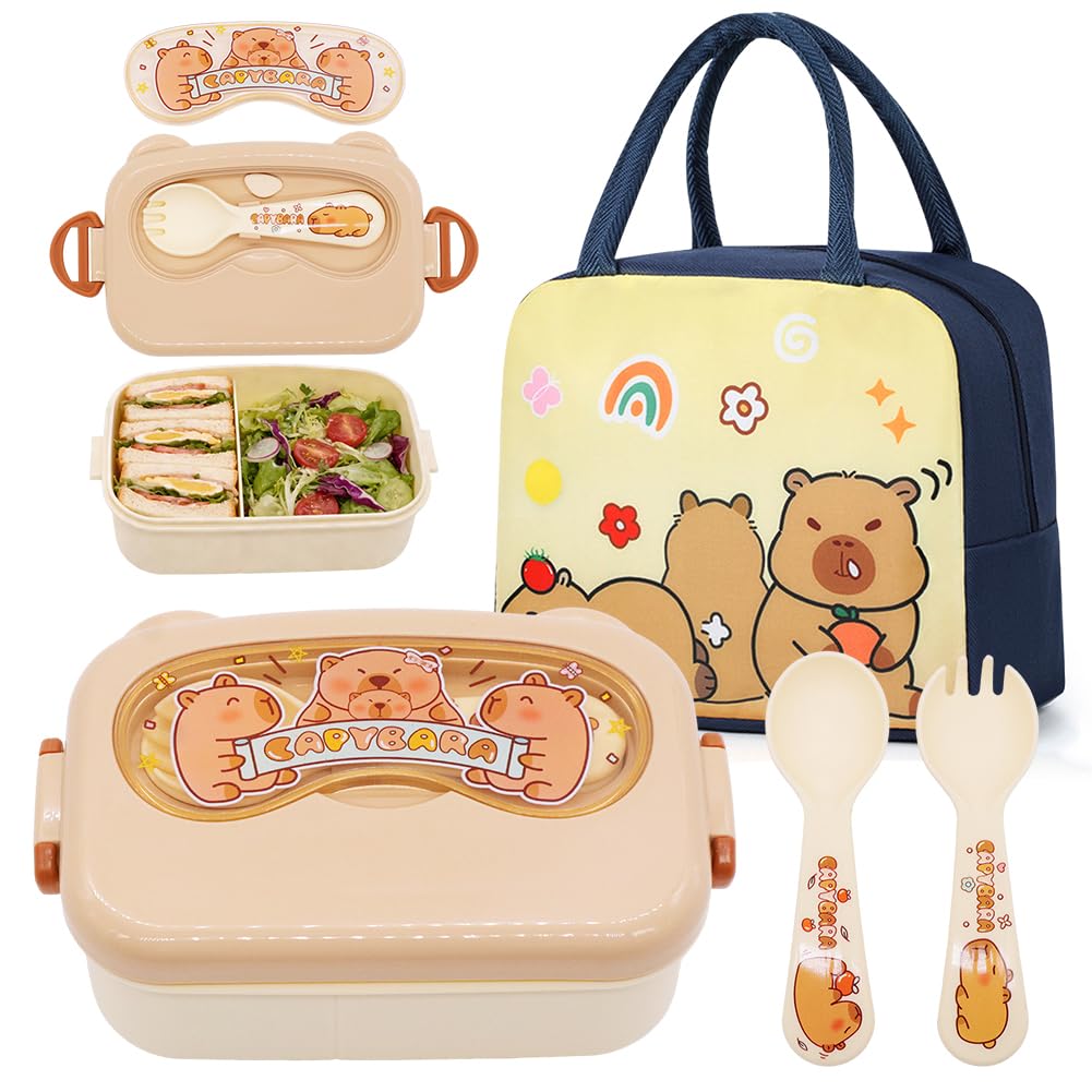 FCXVXCL Capybara Insulated Bag 2PCS Leakproof Bento Box Set Bento Box Set with Lunch Bag Cartoon Lunch Container Lightweight All Reusable for Student Office School Picnic
