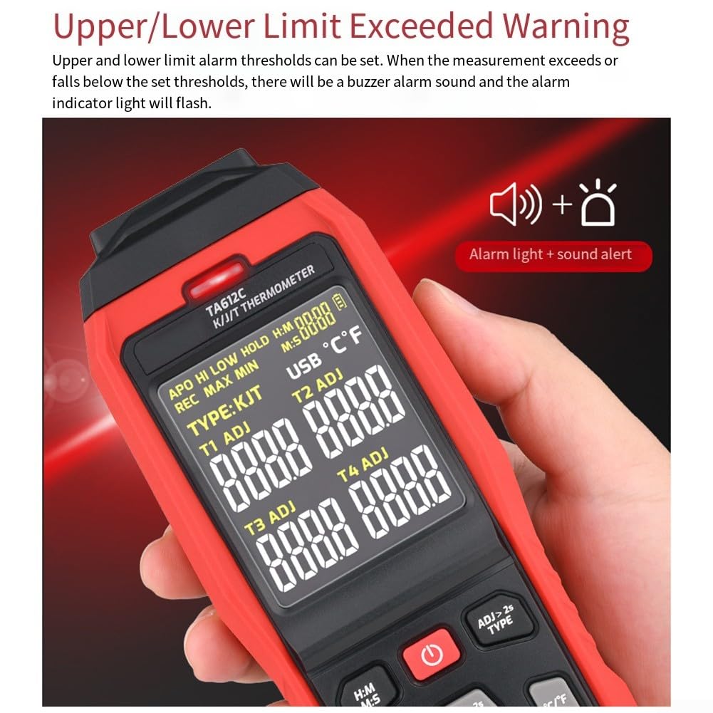 Digitales Thermoelement-Thermometer mit 4 Kanälen für K J T-Typ-Sonden mit Datenspeicherung und USB-PC-Konnektivität für industrielle Labor-Hvac-Tests, Schwarz / Rot