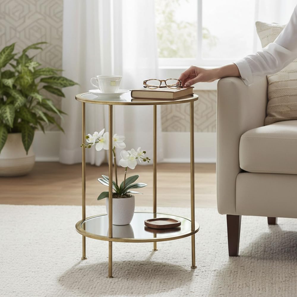 HAKU Tavolino rotondo in metallo dorato con vetro di sicurezza da 5 mm e specchio da 4 mm - Dimensioni: A 55 x Ø 38 cm Stile: Art Déco