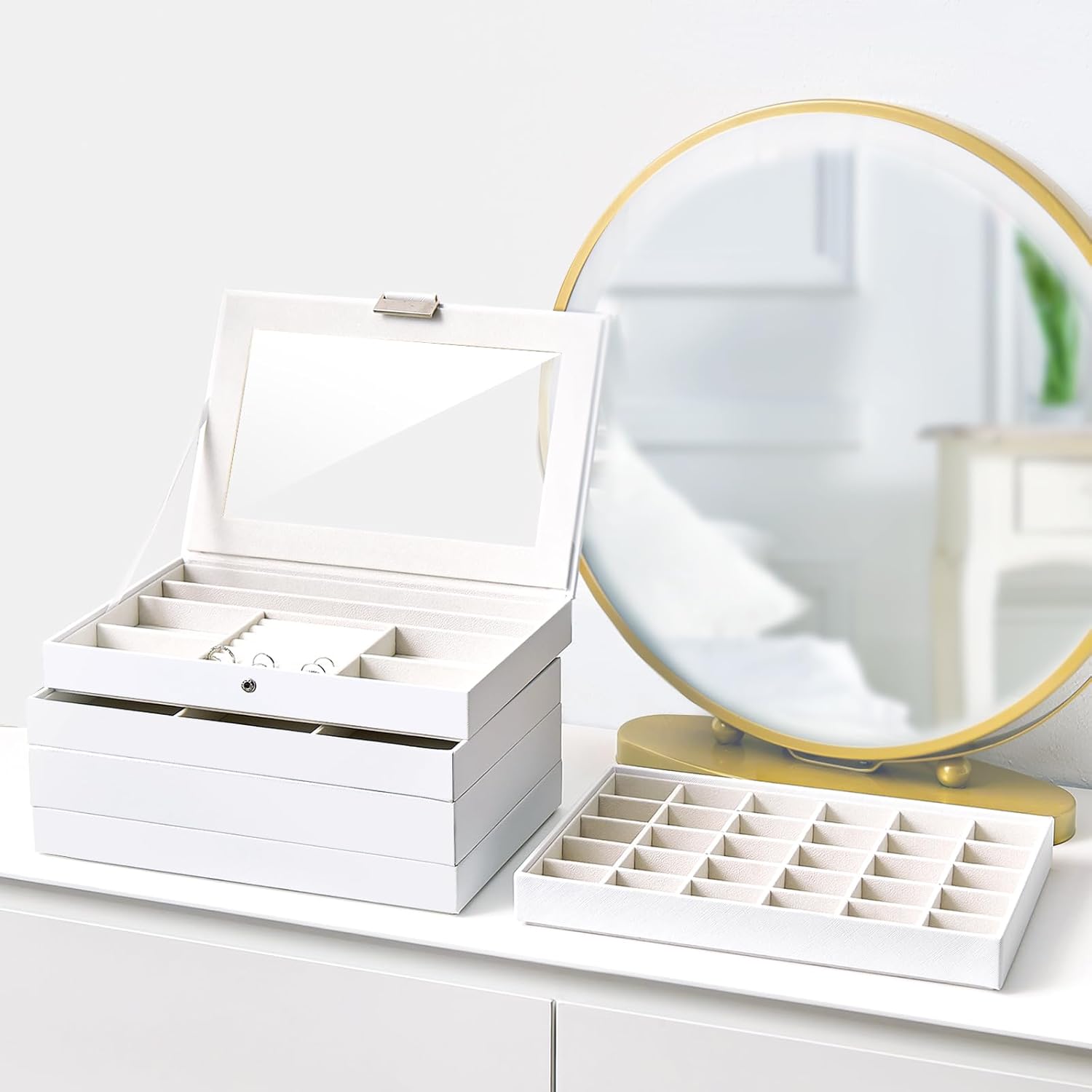 ProCase 5 Layers Stackable Jewelry Tray Box, Stackers Jewelry Trays for Dresser Drawer Storage, Jewelry Organizer Case with Lid -White - Image 6