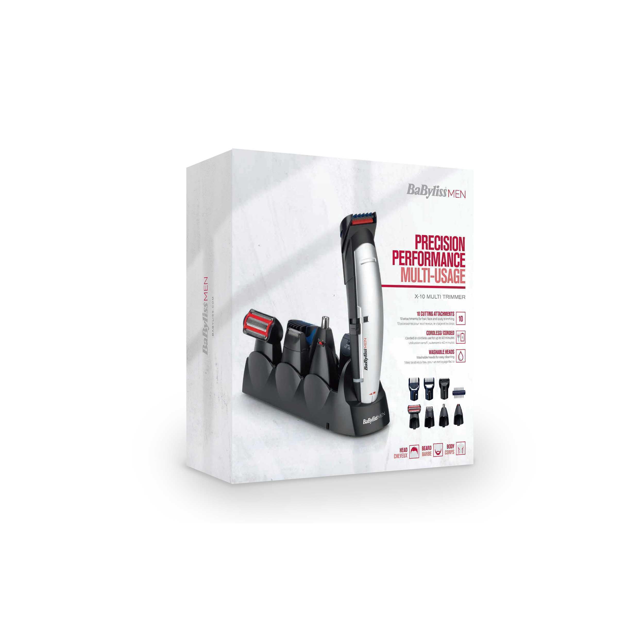 BaByliss Tondeuse multi-usages X-10 - Lames avec technologie W-Tech pour tondre les cheveux, la barbe et le corps, Gris/Noir, E837E
