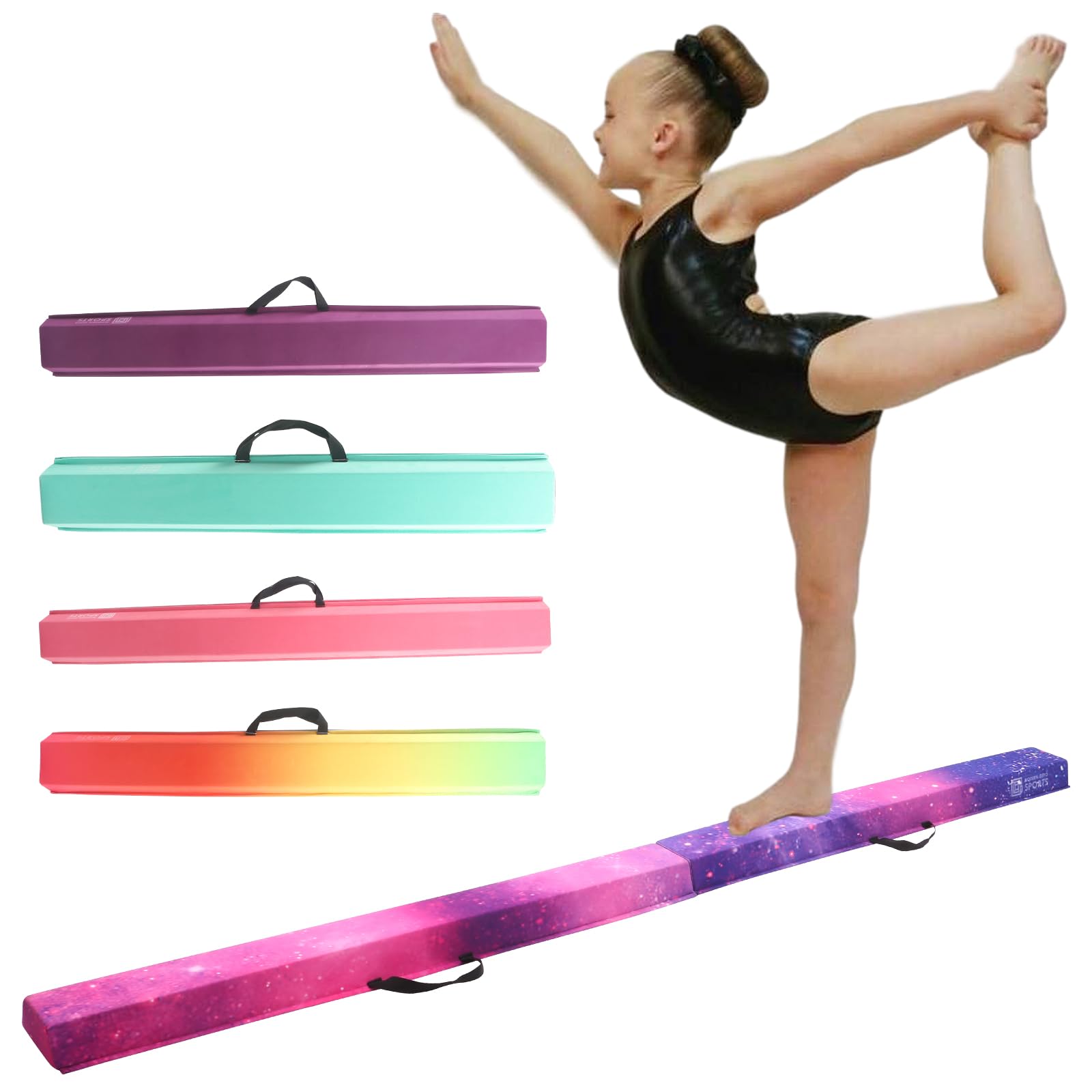 DIKEP Folding Gymnastics Floor Balance Beam for Kids Teenagers, 9.5 Ft Home-Gym Equipment for Toddler Athletes Practice, EVA Foam Anti-Slip Bottom Base Training Beam, Magic Star