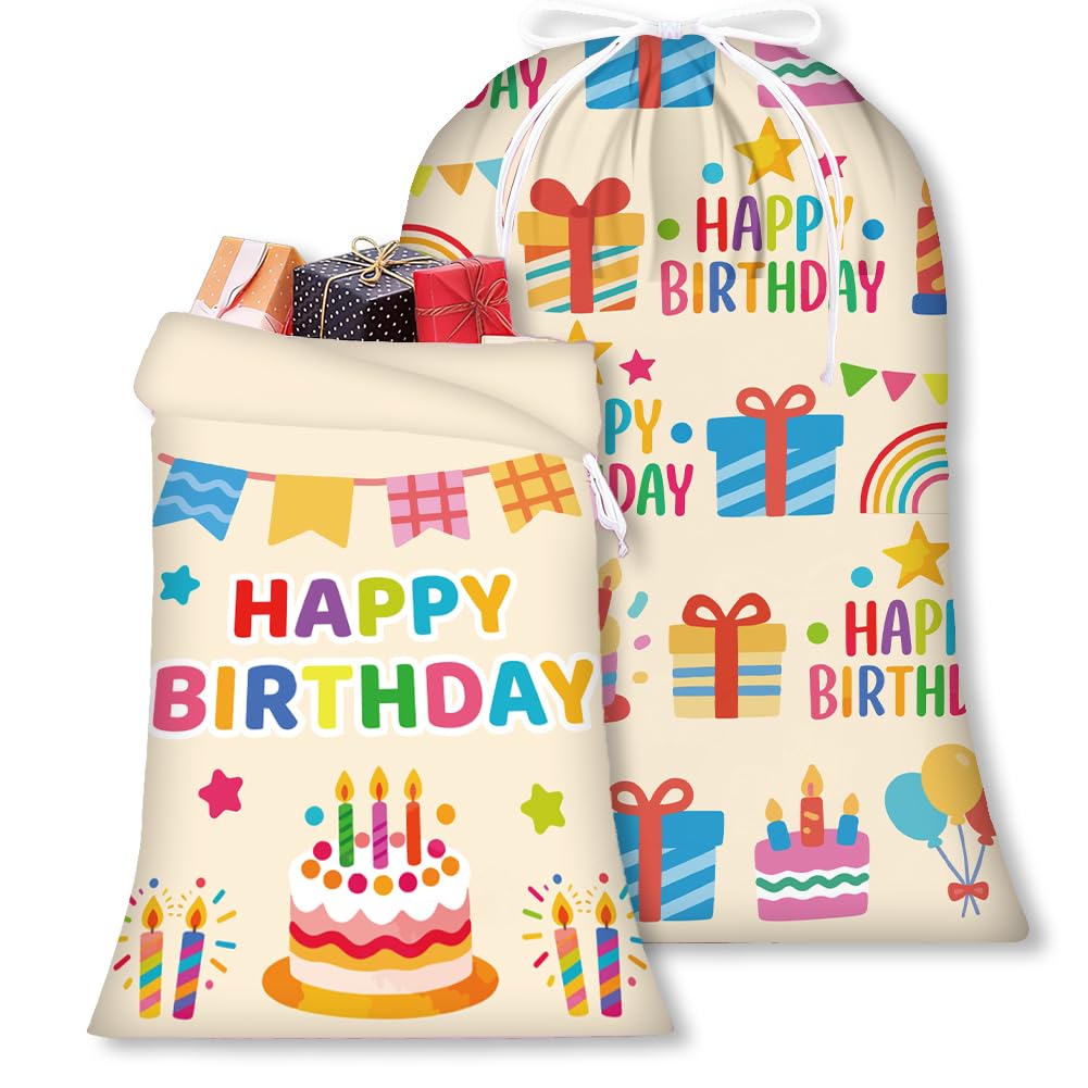 PRESSINART 2Pcs 2 Sizes Fabric Gift Bags Drawstring Birthday Theme, Happy Birthday Present Bag Extra Large Medium Reusable Fabric Wrapping Pouches for Party Favor Gift Packaging Celebration Decoration — image 1