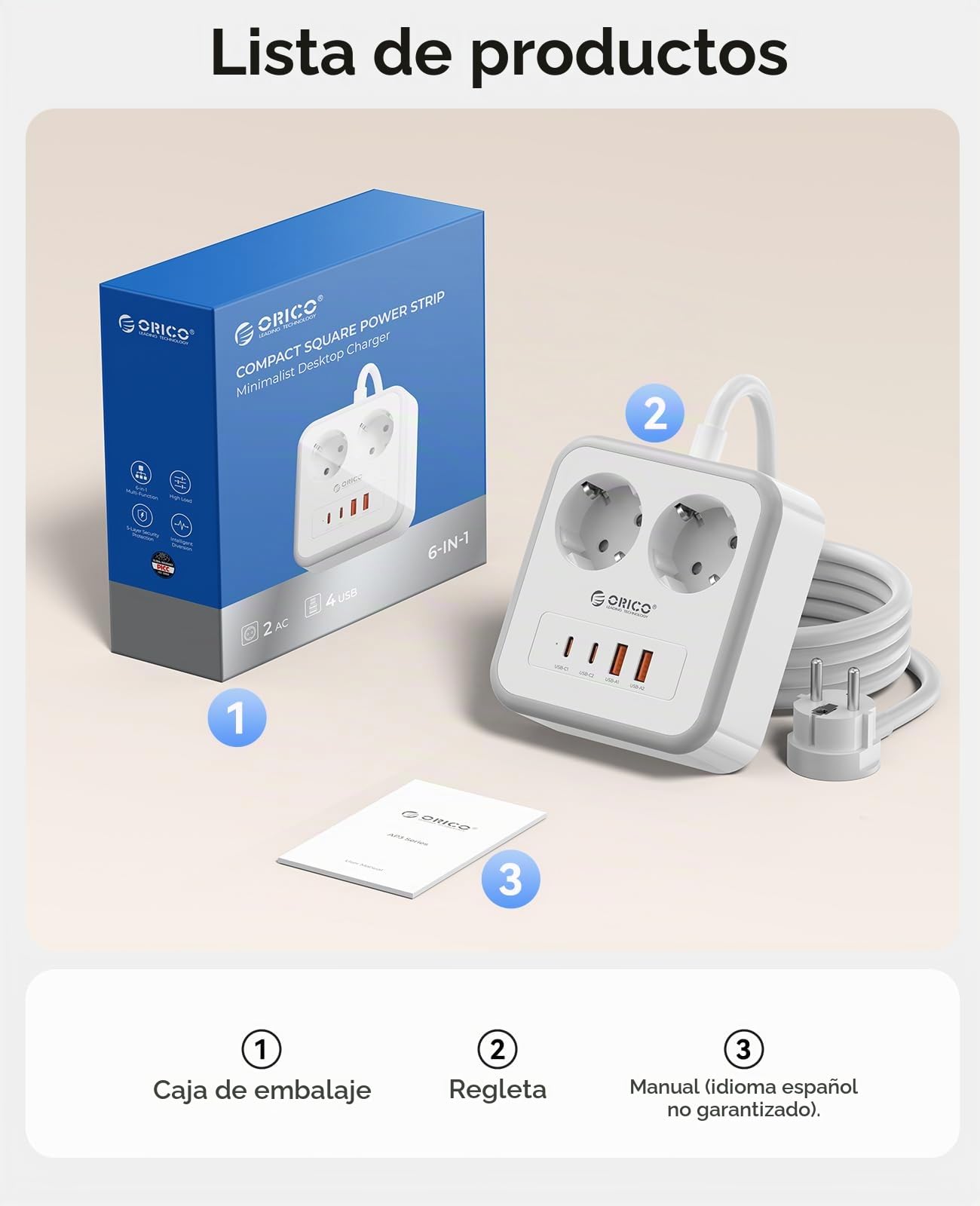 ORICO Regleta Enchufes USB C 20W PD, 2 Tomas AC y 4 USB, 1,5m, Blanco | Puertos 2xUSB-C y 2xUSB-A; base antideslizante 2500W; ideal para escritorio, teletrabajo y hogar organizado