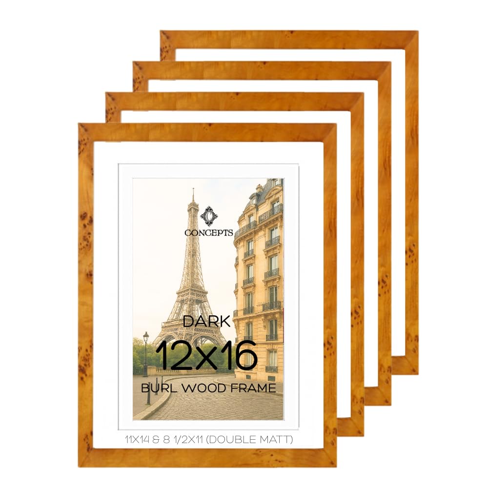 Concepts Set of 4 12X16 Burl Wood Picture Frames with Double Matted (11X14 / 8.5X11), Dark Wood Finish, Eco-Friendly Packaging – Elegant Wallhung