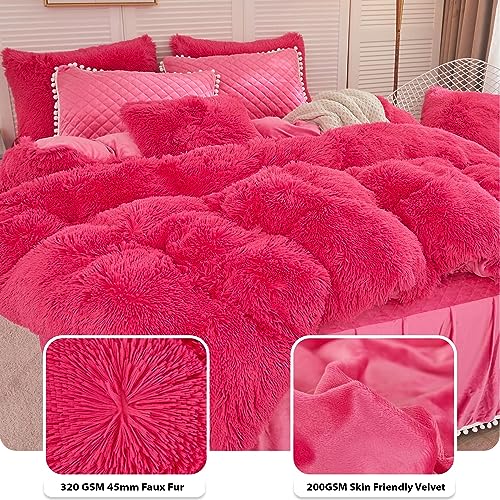 Image of LIFEREVO Luxury Plush Shaggy Duvet Cover Set, Soft Velvet Fluffy Duvet Cover Furry Bedding Comforter Set(1 Faux Fur Fuzzy Duvet Cover + 1 Pompoms Pillow Case), Zipper Closure(Twin /Twin XL, Hot Pink)