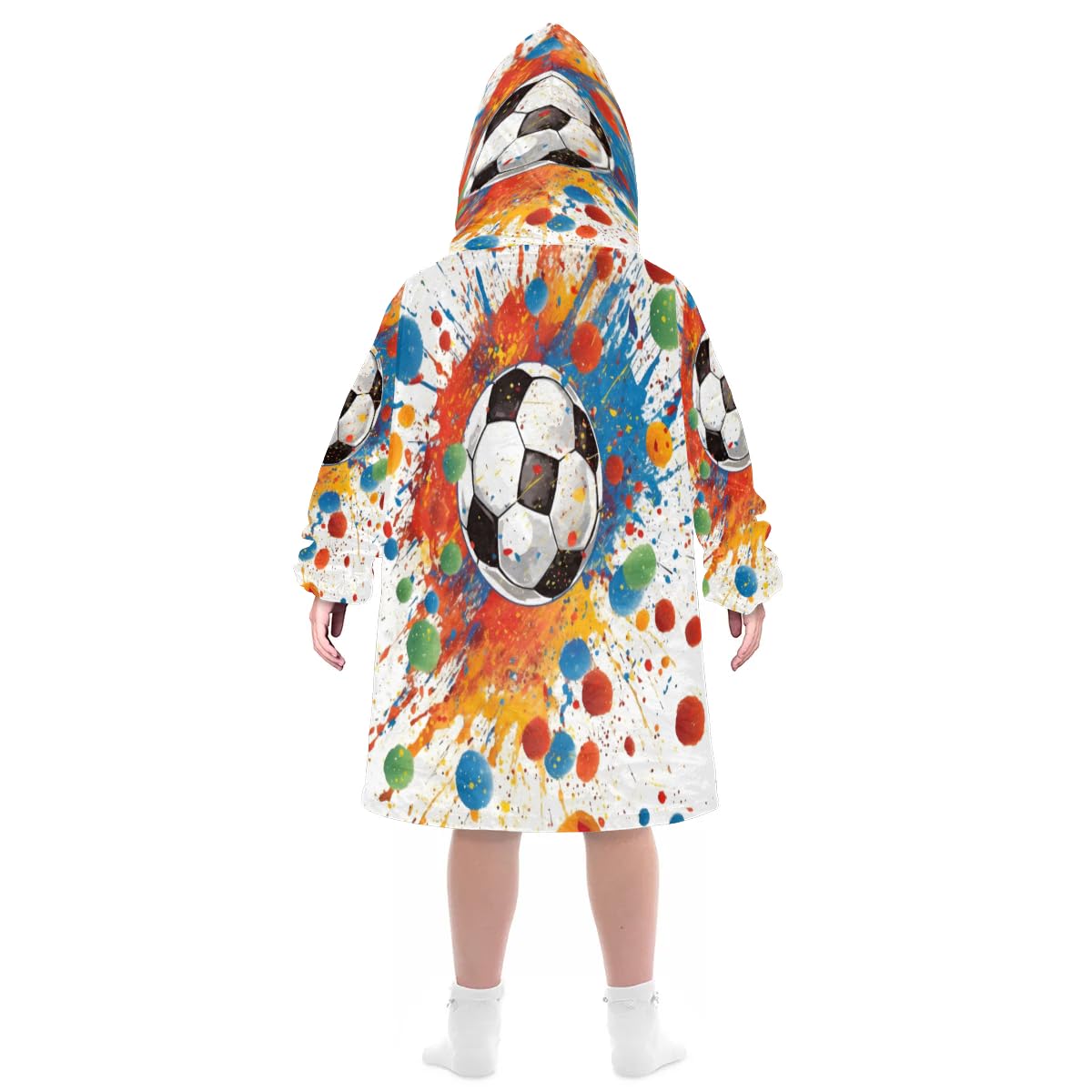 Kids Blanket Hoodie Soccer Watercolor Wearable Blanket Hoodie Oversized Hooded Blanket, Sweatshirt Blanket with Pockets Soft Warm Kids Hooded Blanket for Girls, Boys