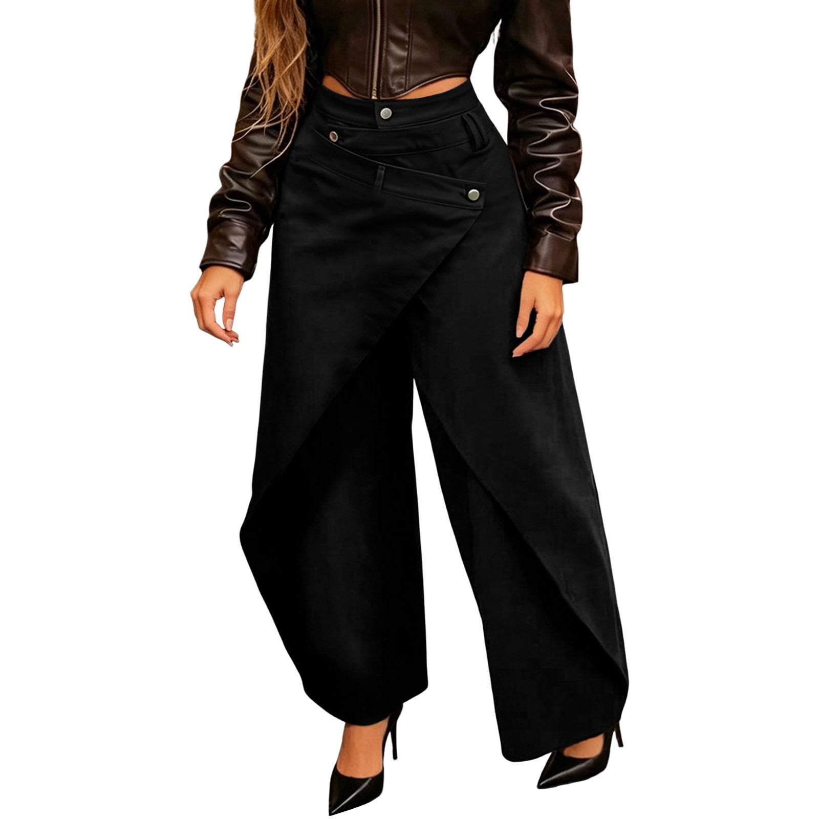 Generisch Pantalones envolventes para mujer, pantalones anchos para el tiempo libre, con botones, cómodos, pantalones de verano, pantalones de algodón, pantalones de pierna recta, pantalones