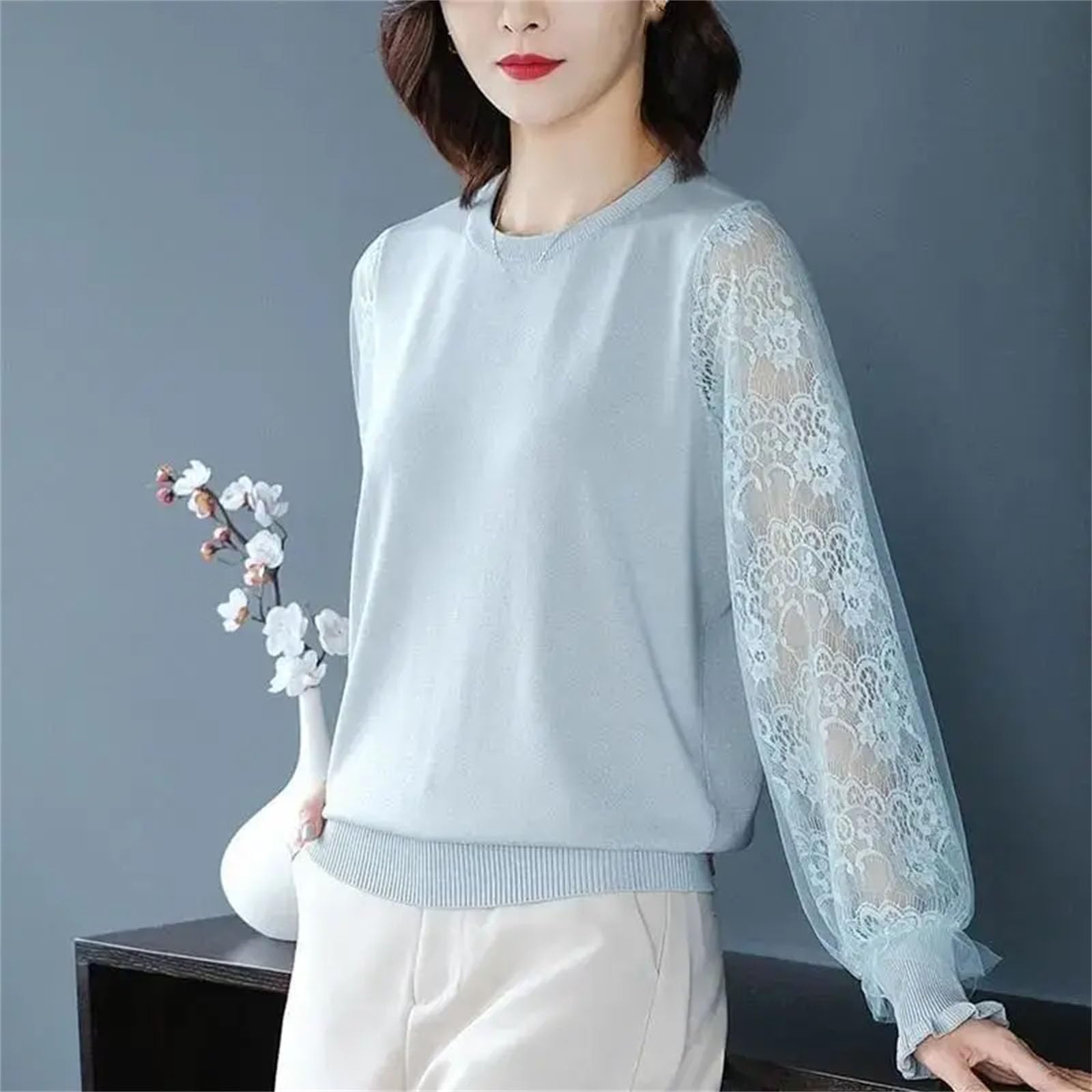 Camicia da donna lavorata a maglia, a maniche lunghe, in pizzo sottile