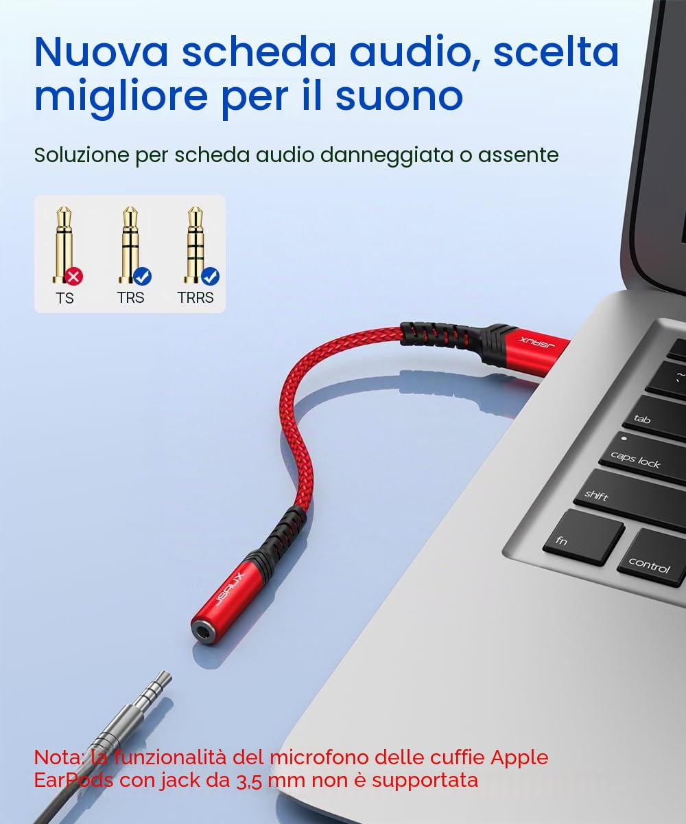 JSAUX Adattatore Audio da USB a Jack 3,5 mm, Scheda Audio Esterna Adattatore USB A a Jack TRRS a 4 poli, Adattatore per Cuffie e Microfono Compatibile con Mac, Linux, PS4, PS5, PC, laptop-rosso