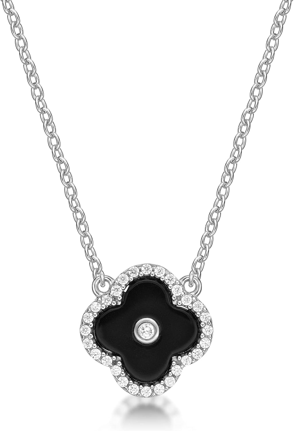 Lavari Jewelers Malachite, Black Onyx or Mother of Pearl and Cubic Zirconia Flower Pendant Necklace for Women in 925 Sterling Silver with Gold Plating on 16 to 18 Inch Adjustable Chain Spring Ring
