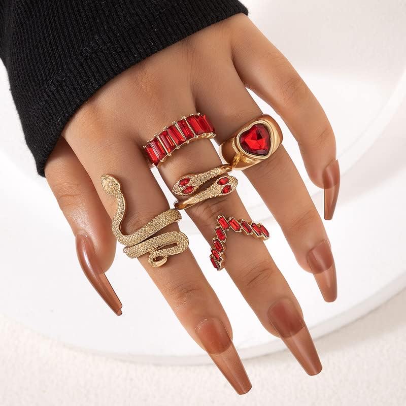 INENIMARTJ Snake Knuckle Rings for Women - Gold Boho Crystal Heart Stacking Finger Rings Set - Vintage Snake Jewelry (Red) - Image 2