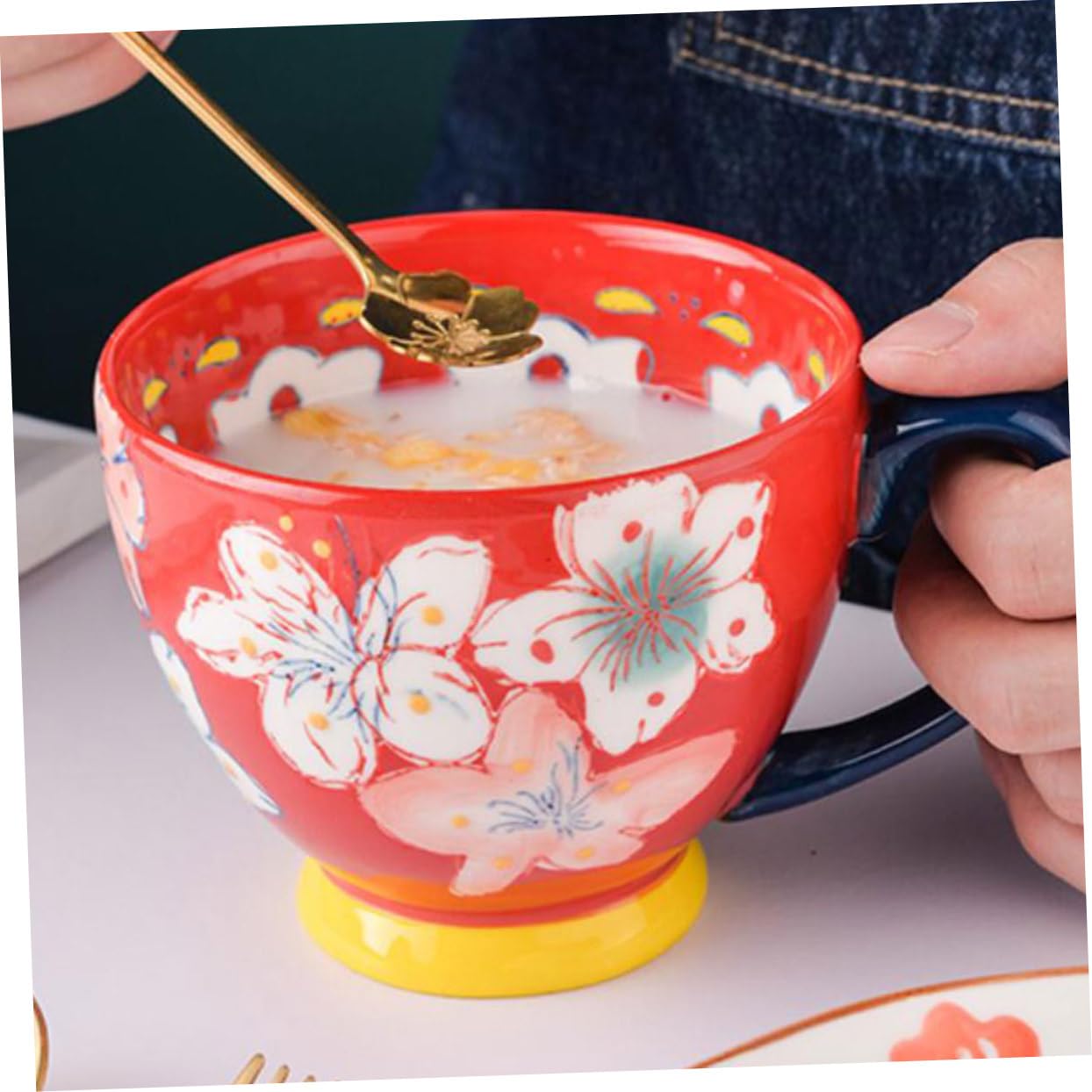 Keramik Frühstückstasse mit Prägung, Handbemalt, Rot, Einfaches Design | Glatter Rand, Bequemer Griff, Leicht zu Reinigen, für Kaffee, Tee, Müsli und Joghurt