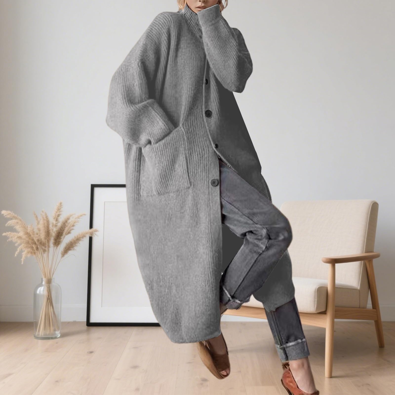 Generisch Damen Pullover Langer Strickjackenmantel mit hohem Halsausschnitt übergroßer Cardigan mit offener Vorderseite praktische Taschen für kühle Jahreszeiten