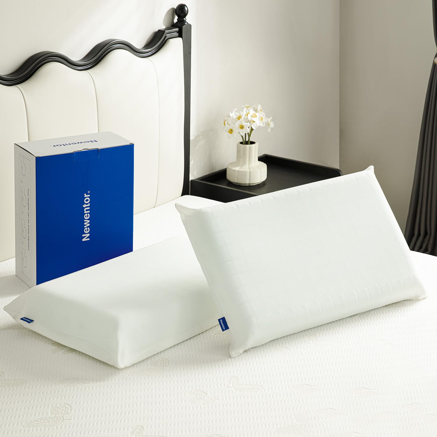 NewentorMemory Foam Pillow Neck Pillow, Memory Foam Pillow Side Sleeper, Adjustable Height Cervical & Orthopedic Pillow with White Pillowcase 2 Pack