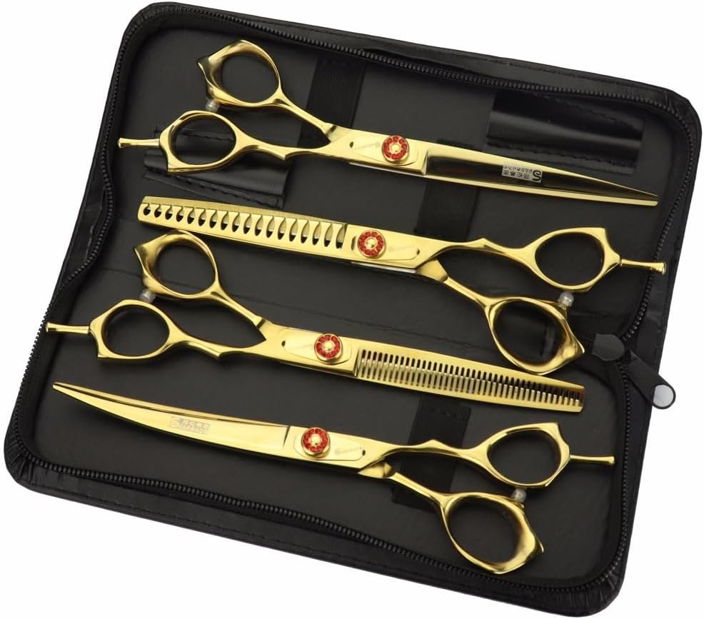 Dog Grooming Scissors Shears, 4PCS Gold 7-inch Japan Pet grooming scissors Set Hair trimming tool Thinning Scissors Curved scissors