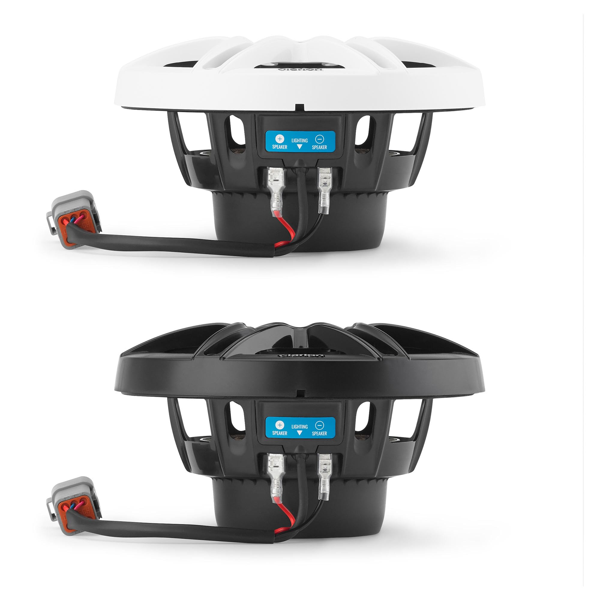 Clarion CMS-651RGB-SWB - Altavoces marinos coaxiales de 6.5 pulgadas con iluminación RGB incorporada, 30 W RMS, manejo de potencia, tweeter de cúpula de polímero de 13 mm, incluye rejillas deportivas