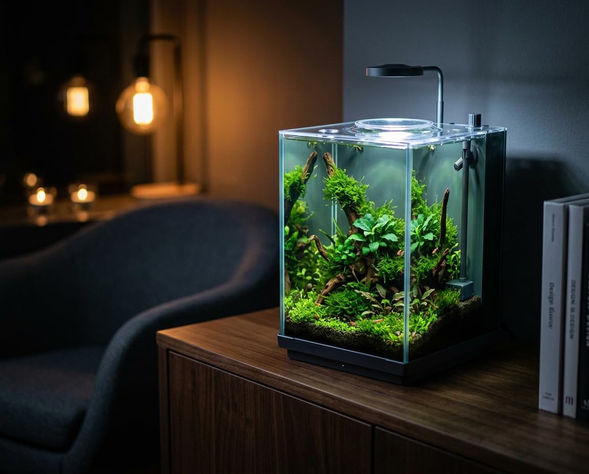NatureHolic Shrimp Base Garnelenaquarium Komplettset mit Bodenfilter | Nano Aquarium 10,8L Ultraweißglas | Pumpe, LED, 360° Drehteller, Schwarze Glasrückwand