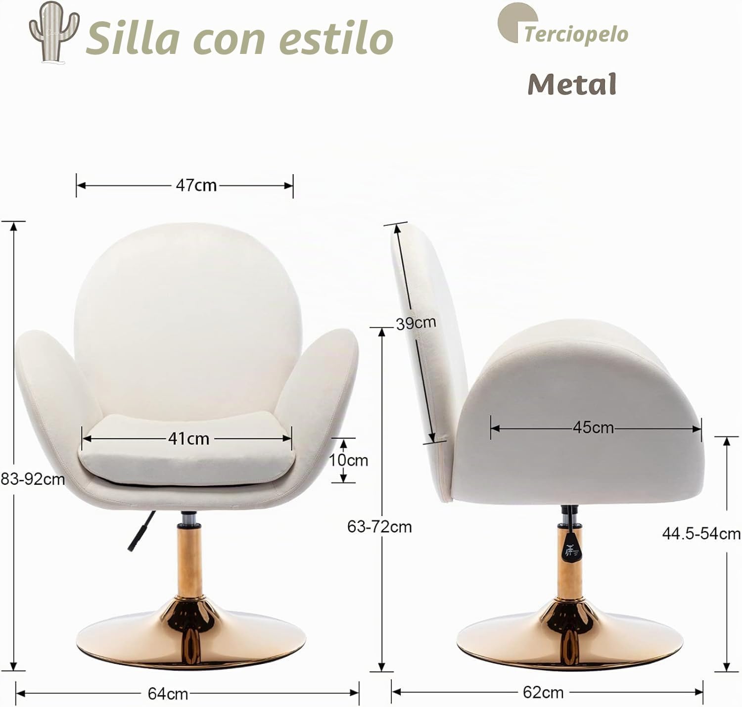 Sillón reclinable Regulable en Altura, Giratorio 360°, sillón de Maquillaje, Silla giratoria, Silla tapizada con Base Dorada de Terciopelo para Dormitorio, salón, tocador, Beige