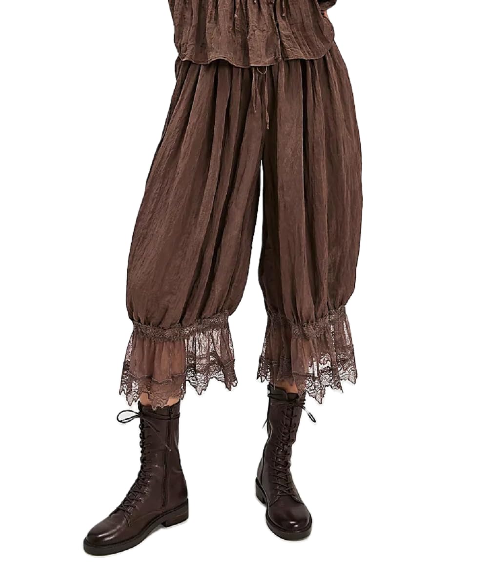 Women Lace Trim Pettipants Ruffle Pumpkin Pants Bloomers Vintage Long Pantaloons Wide Leg Lounge Capris Slip Pants