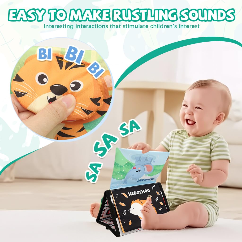 SNOWIE SOFT® Cloth Books for Babies 0 to 3 Years, Multi Page Black and White Crinkle Textured Cloth Book with Mirror, Silicone Teething Toy, Rich Cartoon Designs, Tummy Time Toys for 6 Month Old Baby 2