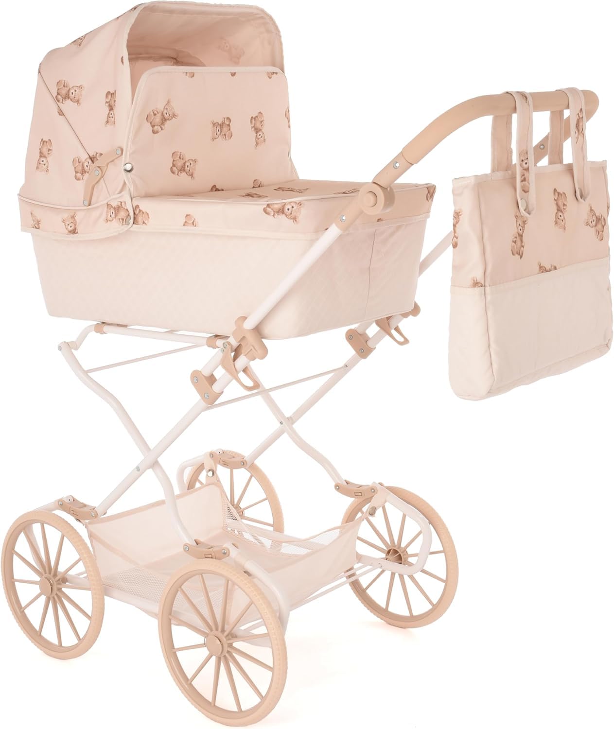 Roma Teddy Reborn Kinderwagen für größere Puppen, süßes Bärendesign, verstellbarer Griff von 62,5 bis 93 cm, Spielzeug für Babys Jungen und Mädchen, Vintage Stil mit Korb, Puppenzubehör