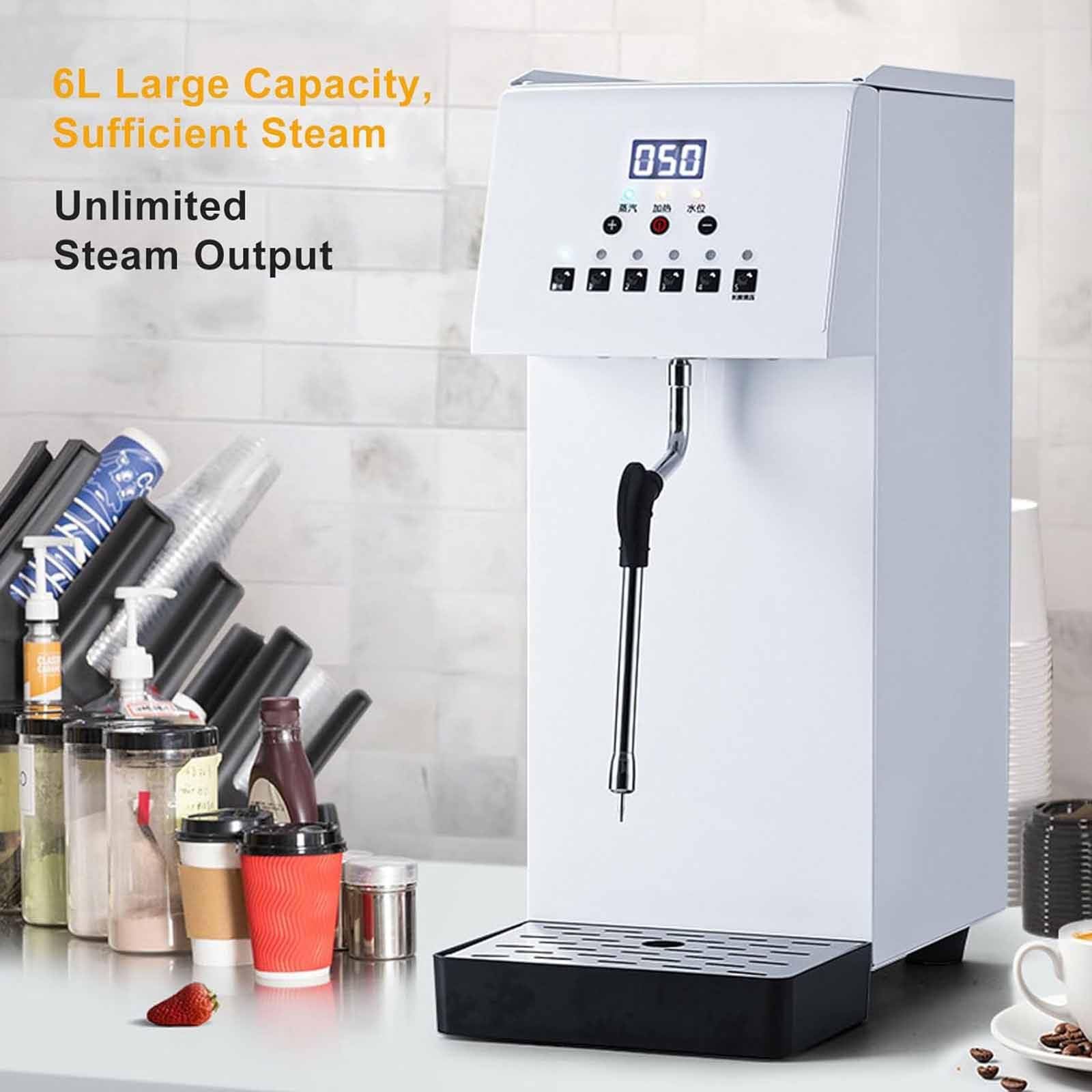 Espumador de leche eléctrico comercial de 2500 W, con vapor, tanque de 6 L, acero inoxidable 304, 5 ajustes de temperatura preestablecidos, pantalla LED para latte y capuchino, protección co